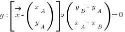 g: delim{[}{vec{x} - (matrix{2}{1}{x_A y_A})}{]} circ (matrix{2}{1}{{y_B - y_A} {x_A - x_B}}) = 0