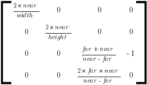 delim{[}{matrix{4}{4}
{ {{2*near}/width} 0                 0                               0
  0                {{2*near}/height} 0                               0
  0                0                 {{far + near}/{near - far}}    {-1}
  0                0                 {{2 * far * near}/{near - far}} 0 }}{]}